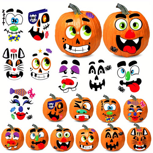 Halloween Pumpkin Decorating Stickers Kit - 40 Faces 18 Sheets 12 Designs No-Carve Pumpkin Decoration Craft for Kids - Trick or Treat Party Supplies & Favors