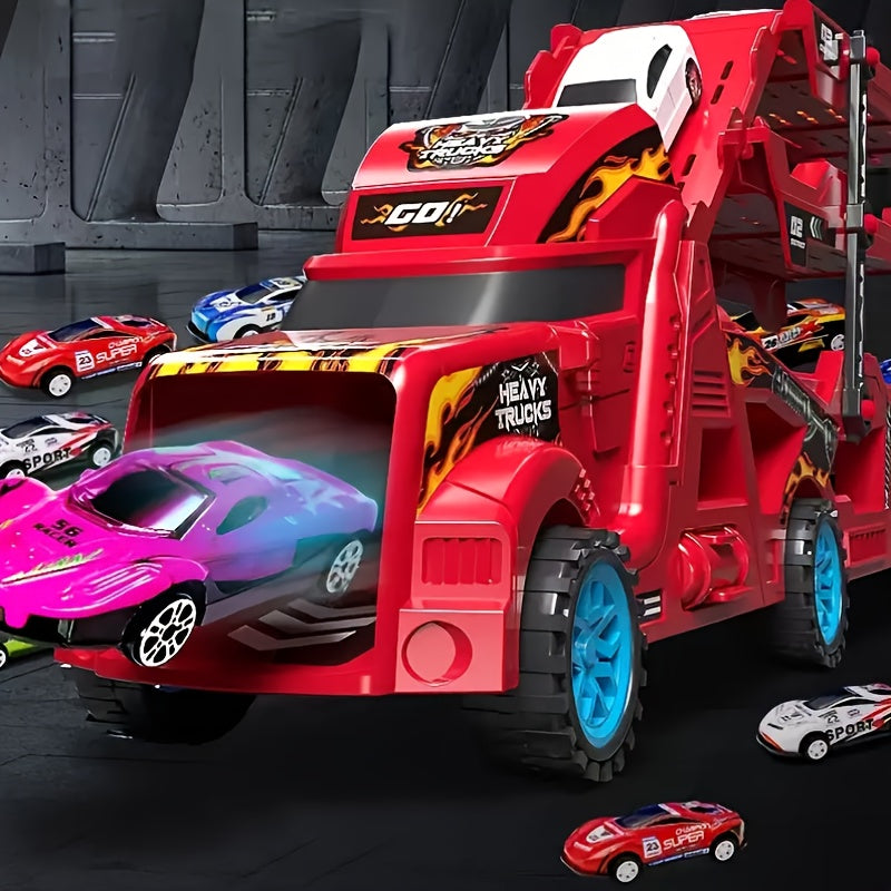 Red Transforming Launcher Truck Playset with 8 Alloy Cars - Foldable Storage Transporter Toy - Durable ABS Construction - Suitable for Ages 3+