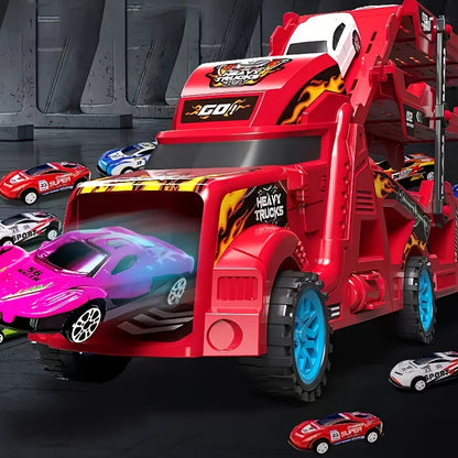 Red Transforming Launcher Truck Playset with 8 Alloy Cars - Foldable Storage Transporter Toy - Durable ABS Construction - Suitable for Ages 3+