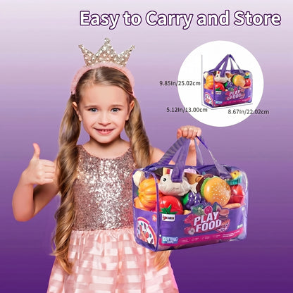 78pcs Set Of Kitchen Toys With Storage Bag, Dinnerware, Dummy Fruits, Vegetables, Plastic Accessories For Children Educational Learning Toy, Role Play Gift