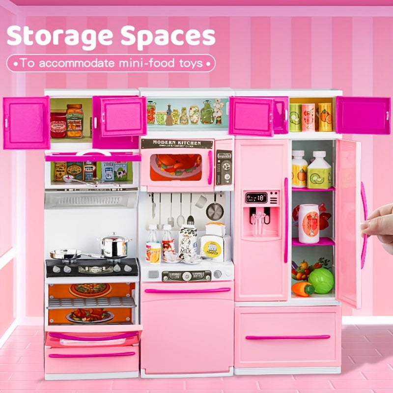 64pcs Pink Kitchen Toys with Realistic Lights & Sounds, Mini Furniture Pretend Playset for Kids, Doll Kitchen House Toy