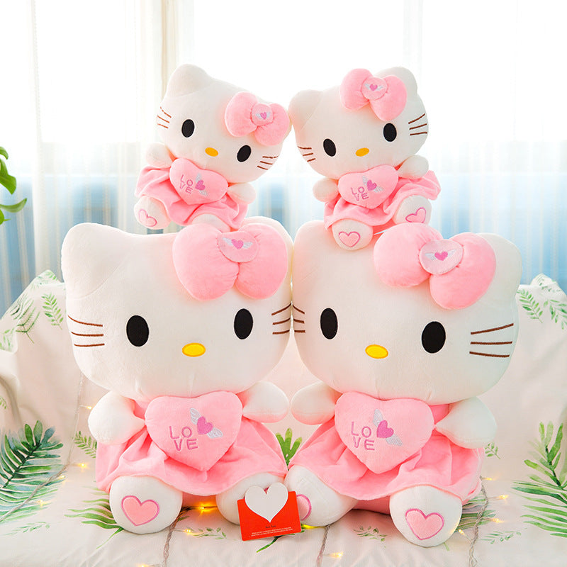 Licensed Sanrio Hello Kitty Plush Doll - Pink & White Kitten with Hugging Heart, Soft Cuddly KT Cat Toy, Officially Licensed Collectible Stuffed Animal, & s, Cute Gift (White Face & Pink Outfit)