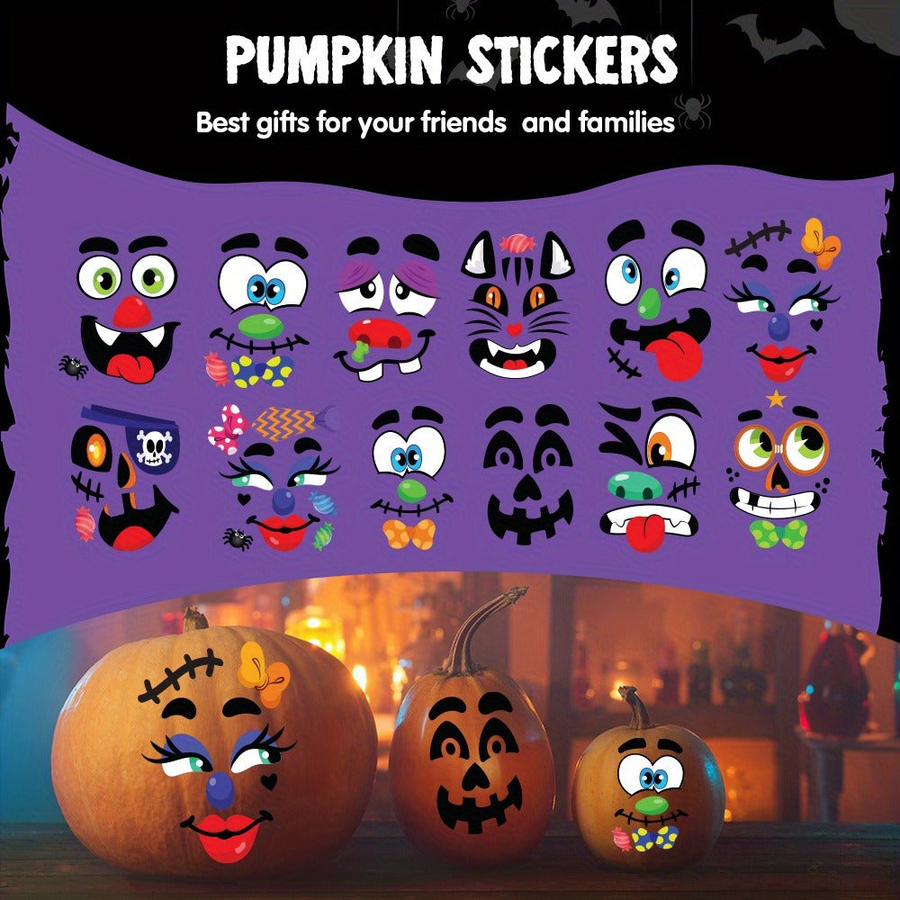 Halloween Pumpkin Decorating Stickers Kit - 40 Faces 18 Sheets 12 Designs No-Carve Pumpkin Decoration Craft for Kids - Trick or Treat Party Supplies & Favors