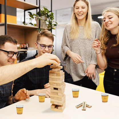 Drinking Game Tower Set 60 Wooden Challenge Blocks with 4 Glass Cups – Adult Party Game for Game Night Camping Bar Bachelorette, Funny Halloween Christmas Birthday Gift for Adults