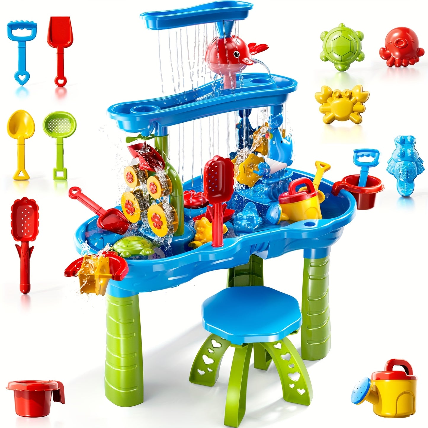 Sand Water Table for Kids 3-Tier Outdoor Sensory Play Table with Shovel Scoop & Strainer – Backyard Beach Summer Toy for Toddlers Boys Girls (Blue)