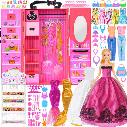 139pcs 11.5 Inch Doll Closet Wardrobe Clothes And Accessories Play Set Including Wedding Dress, Outfits, Shoes, Hangers, Necklaces And DIY Stickers.Christmas Gift for Ages 3+