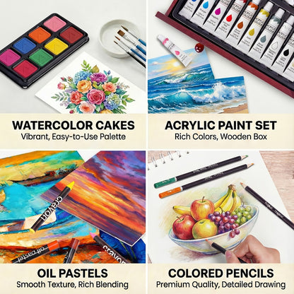 172 Piece Deluxe Art Set in Wooden Case with 2 Drawing Pads Crayons Acrylic Paints Colored Pencils Professional Art Kit Gift Box for Artists Beginners Ages 8+ Birthday Christmas