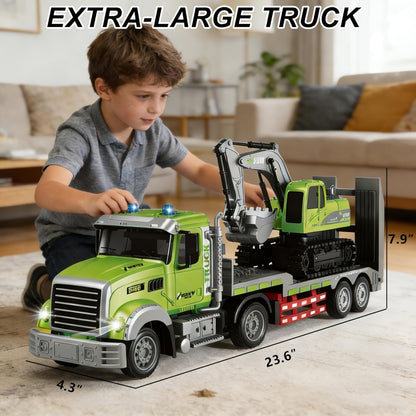 RC Semi Truck with Flatbed Trailer & Alloy Excavator Set 1:12 Scale | 11-Channel Dual Control, Sound & Lights | Construction Engineering Toy for Kids Boys