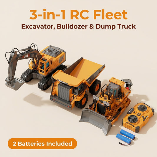 1:20 Scale 2. 4G 11CH RC Excavator, Dump Truck, Bulldozer & Loader 680° Rotation & Working Arm, Forward Backward Turning, Alloy Construction Toy for Indoor Outdoor Play, Perfect Gift for Children