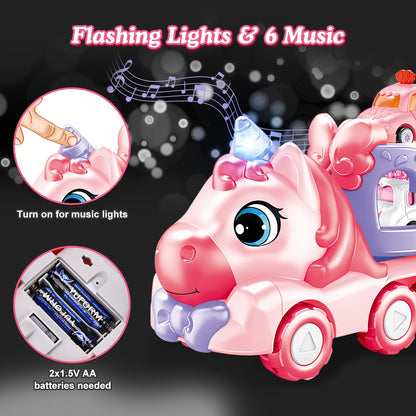 [Perfect Holiday Gift] Kids Carrier Truck Toys With 4 Mini Cars | Pink, Music Light, Battery Powered, Pull-Back Operation, Non-Rechargeable AA Batteries, Ideal For Boys And Girls, Perfect Holiday Gift