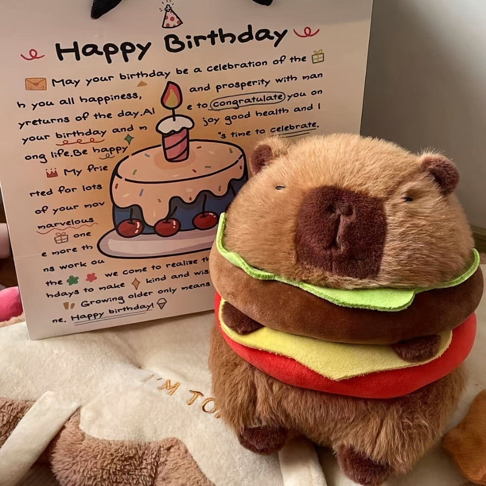 Capybara Plush Stuffed Animal Hamburger — Funny Cute Kawaii Capybara with Burger Hat Soft Plush Toy, Couch Pillow Doll, Unique Gift for Girls Kids Teens, Birthday Christmas Gift