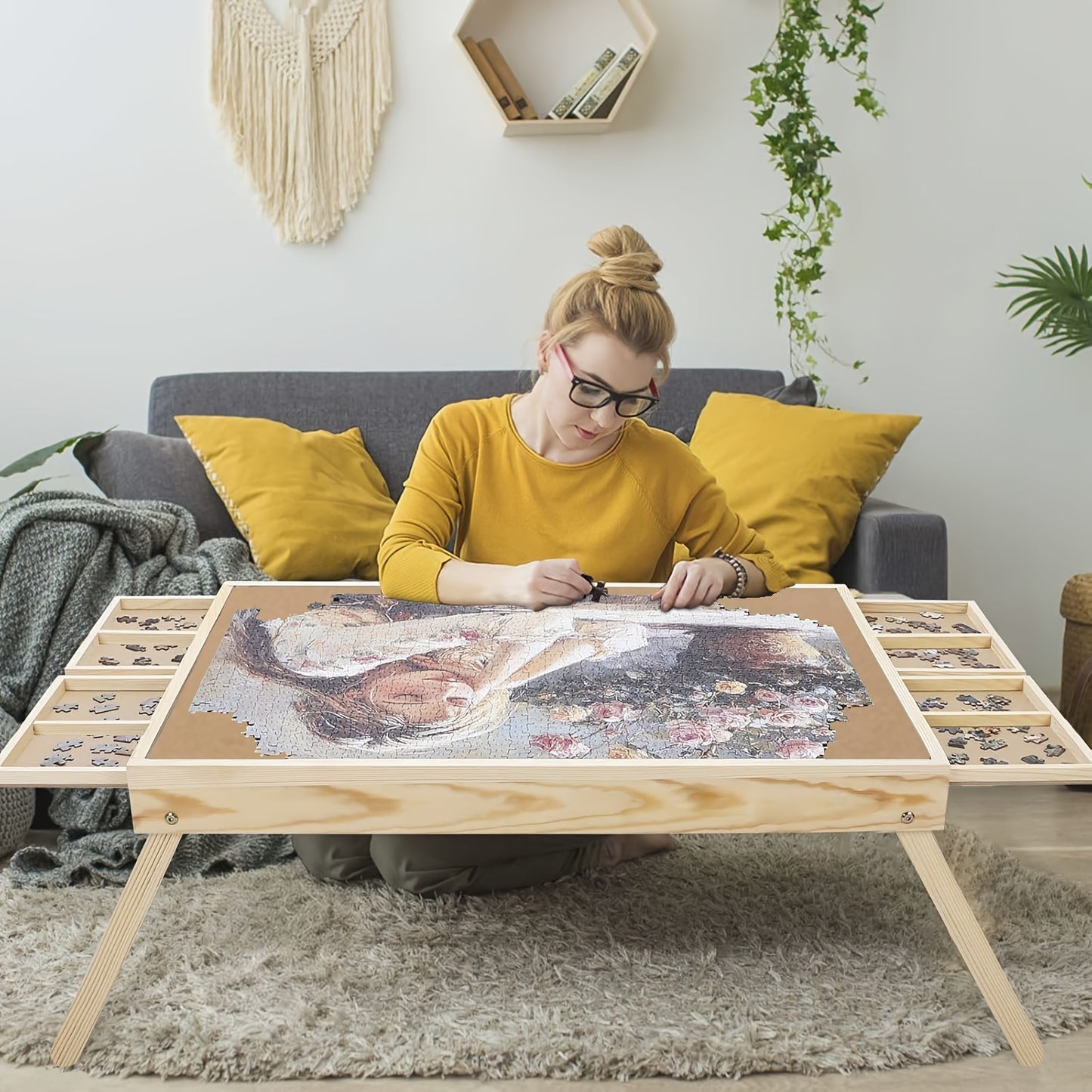 Puzzle Table with Folding Legs, Wooden Puzzle Table with 4 Drawers And 16 Grids, Portable Enlightenment Board for Storage And Sorting - 1000pcs Puzzle Table School Supplies