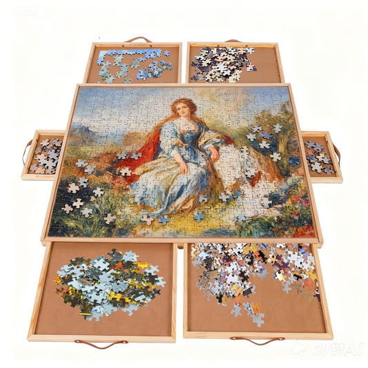 Deluxe Rotating Puzzle Table with 6 Drawers & Cover, Wooden Jigsaw Board for 1500pcs, 35"x27", Portable Puzzle Storage & Organizer