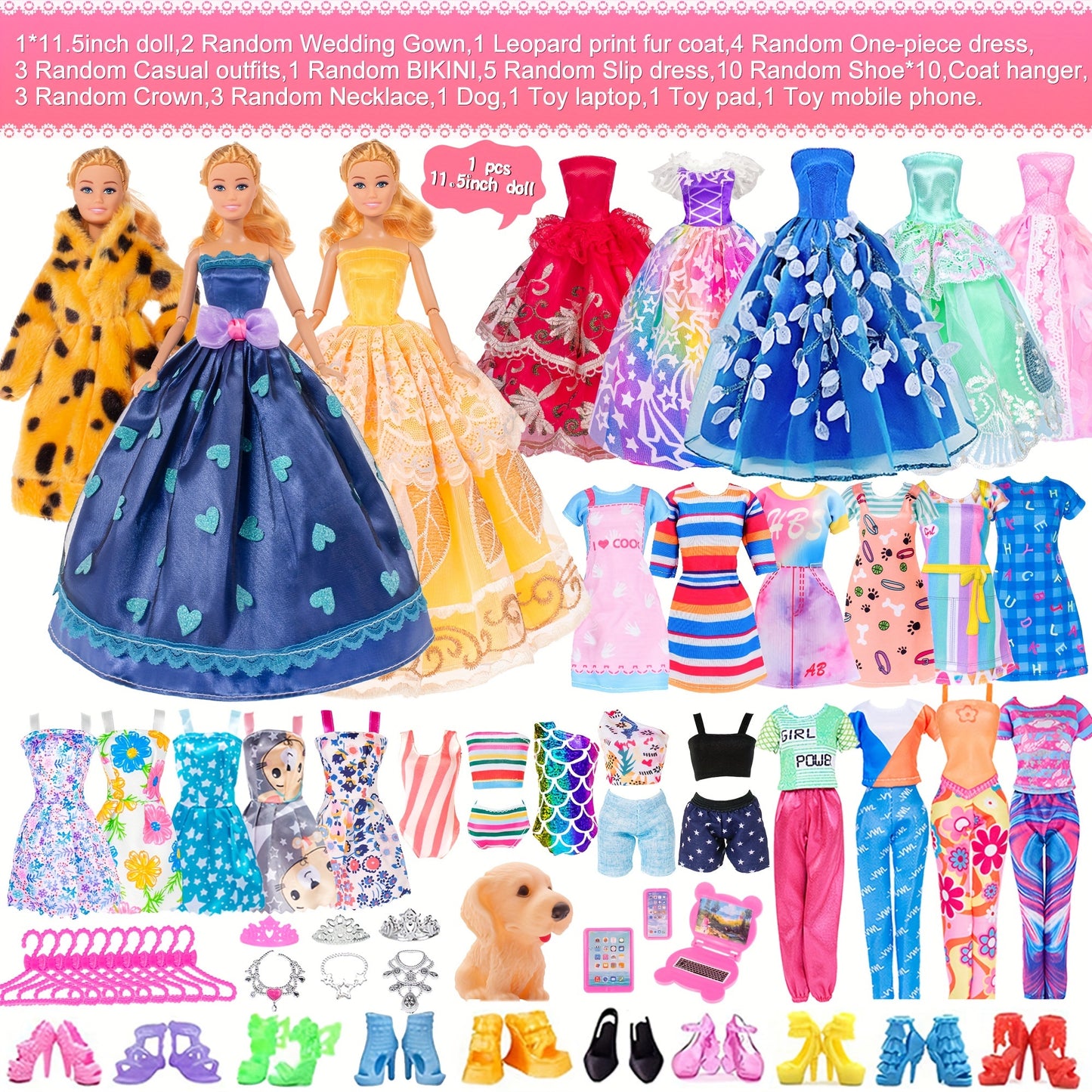 11.5 Inch Fashion Girl Doll with Clothes And Accessories Set Include Doll, Fur Coat, Pricess Dresses, Fashion Dresses, Slip Dress Gift for Ages 3+