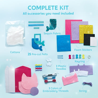 1 SET 7 Sewing Projects- My First Felt Sewing Kit Toys for Kids, Easy DIY Wildlife Artworks Of Unicorn Pillow And Mermaid Card Holder, Birthday Christmas Gift for Boys And Girls Aged 6+