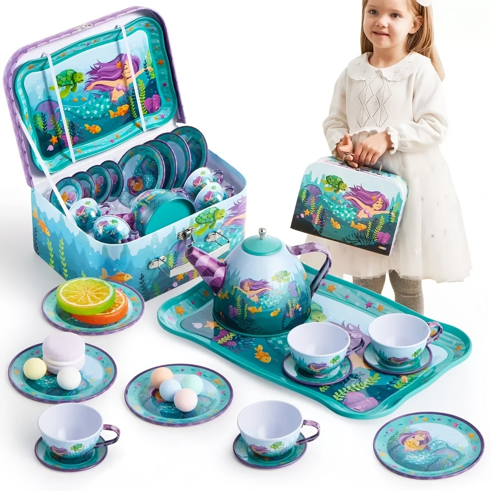 Mermaid Tea Party Set for Little Girls, Pretend Tin Teapot Toy with Cups, Plates Carrying Case, Princess Tea Time Play Kitchen Kit, Perfect Christmas&Birthday Gifts for Kids Age 3+