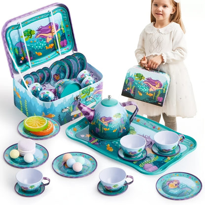 Mermaid Tea Party Set for Little Girls, Pretend Tin Teapot Toy with Cups, Plates Carrying Case, Princess Tea Time Play Kitchen Kit, Perfect Christmas&Birthday Gifts for Kids Age 3+
