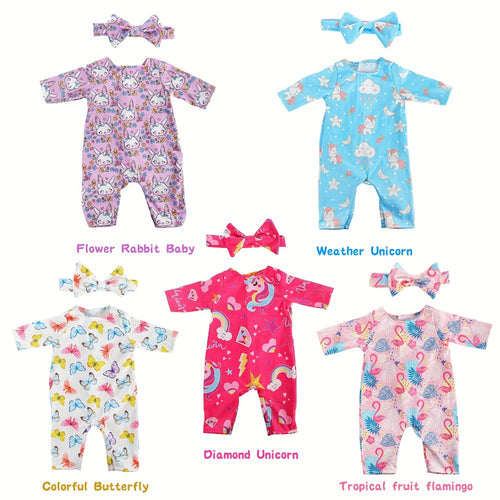 5-Pack Baby Doll Outfits Romper Clothes Set with Headbands for 14-16 Inch 43cm Newborn Dolls Girls Gift Ages 3+ Butterfly Unicorn Rainbow Bunny Flamingo Soft Fabric Dress Up (No Doll)