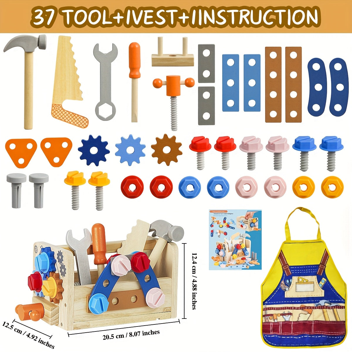 39pcs Wooden Tool Set for Children, Including a Toolbox And Vest, Designed for STEM Learning And Pretend Play in Construction. This Hands-On Activity Toy Is Ideal for Preschoolers And Makes a Great Birthday Gift for Young Boys And Girls