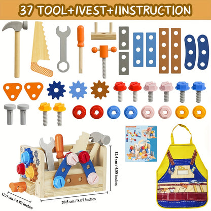 39pcs Wooden Tool Set for Children, Including a Toolbox And Vest, Designed for STEM Learning And Pretend Play in Construction. This Hands-On Activity Toy Is Ideal for Preschoolers And Makes a Great Birthday Gift for Young Boys And Girls