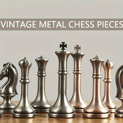 12 Inch Wooden Chess Set, Metal Chess Pieces And 2 Built-in Storage Drawers, 2.5" Kings 2 Extra Queens Suitable for Beginners, Adult Vintage Mahogany Chess Game, Christmas Gifts