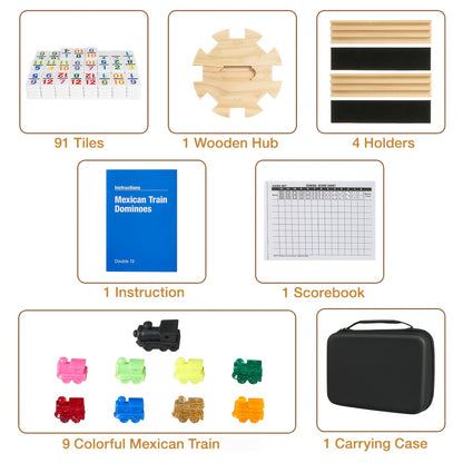 Mexican Train Dominoes Double 12 Game Set with 91 Colorful Tiles, 9 Model Trains & 4 Wooden Racks - Complete Board Game with EVA Suitcase, Strategy Family Party Game for Adults &, Classic Christmas/Halloween Gift, Durable Wood Construction & Travel-Friend