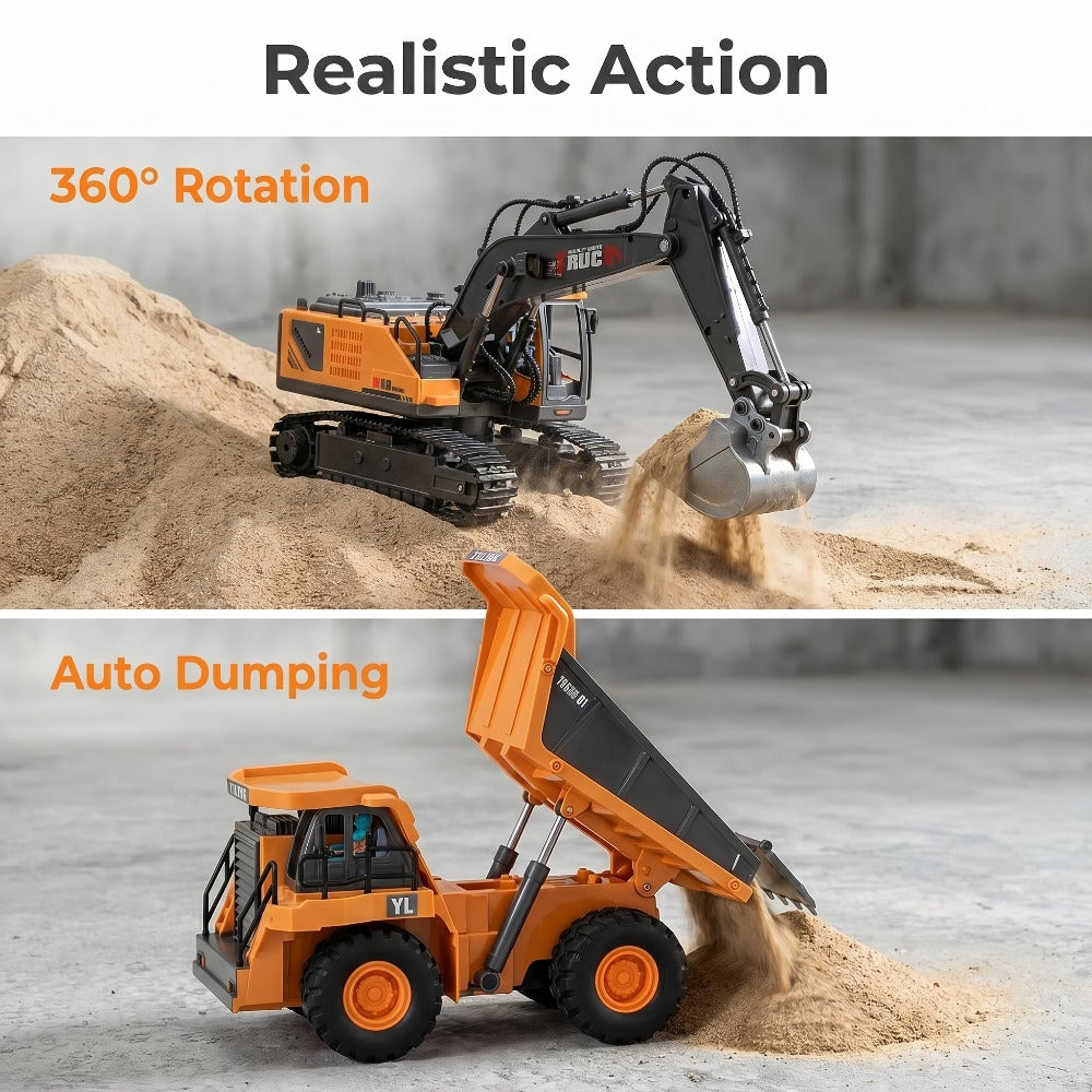 Remote Control Construction Vehicle Set 2/3/4pcs – 2.4G 11-Channel RC Excavator Dump Truck Bulldozer Alloy & Plastic Engineering Toy Car Kit for Kids Boys, Great Birthday Gift