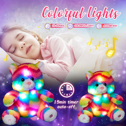 Rainbow Cat Plush Toy Glow in the Dark Musical Stuffed Animal Soft Kawaii Glowing Kitty Night Companion Doll Birthday Mother's Day Gift for Kids Girls Cat Lovers Room Decor