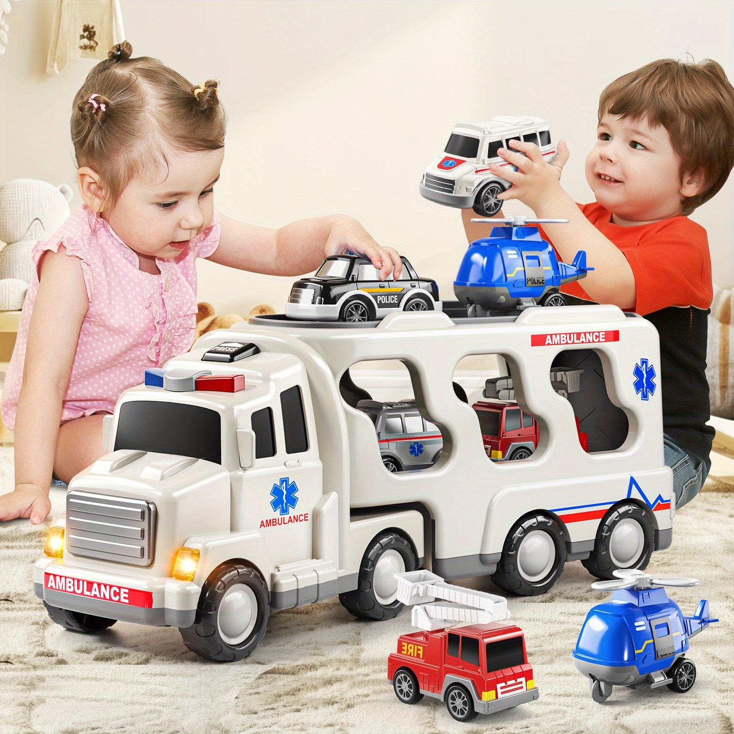 Ambulance Truck Toys for Boys Kids, 5-In-1 Kids Carrier Fire Trucks Friction Power Toys with Light Sound for Kids Birthday Gift