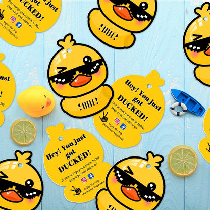 50 Pack Duck Duck Ducking Game Card Printed  Duck Tags with Round Hole And Rubber Bands Duck Duck Card Ducked Card (Yellow)