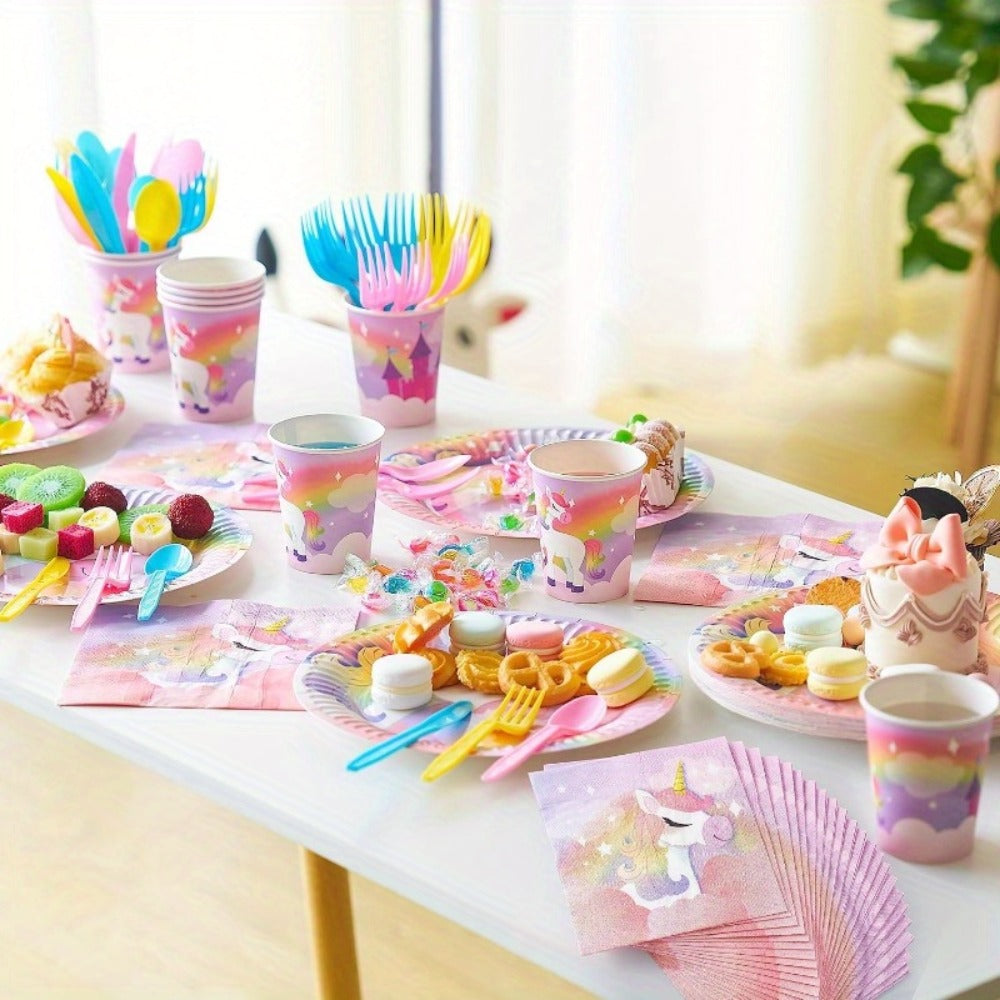 Unicorn Party Supplies 145 Pcs for 24 Guests – Disposable Tableware Set with Plates, Cups, Napkins, Cutlery & Happy Birthday Banner for Unicorn Theme Birthday Party Decorations