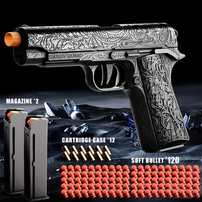 Cool Toy Gun with 120 Soft Bullet Shells & Ejecting Shells System - Semi-Automatic Rapid-Fire Pistol Suitable for Boys, 2 Magazines & 12 Shells/Bullets for Indoor/Outdoor Shooting Games, Birthday Gifts for (Fake Gun for Role Play)