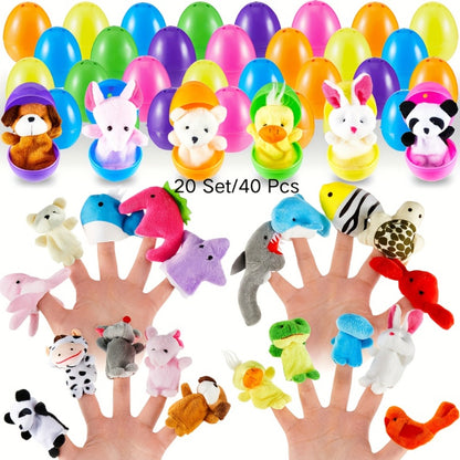 20 Set/40pcs Finger Puppets with Eggs Prefilled Egg with Cartoon Animal Puppets Toys Back to School Soft Plush Dolls Props for Party Basket Stuffers (Cute Style)