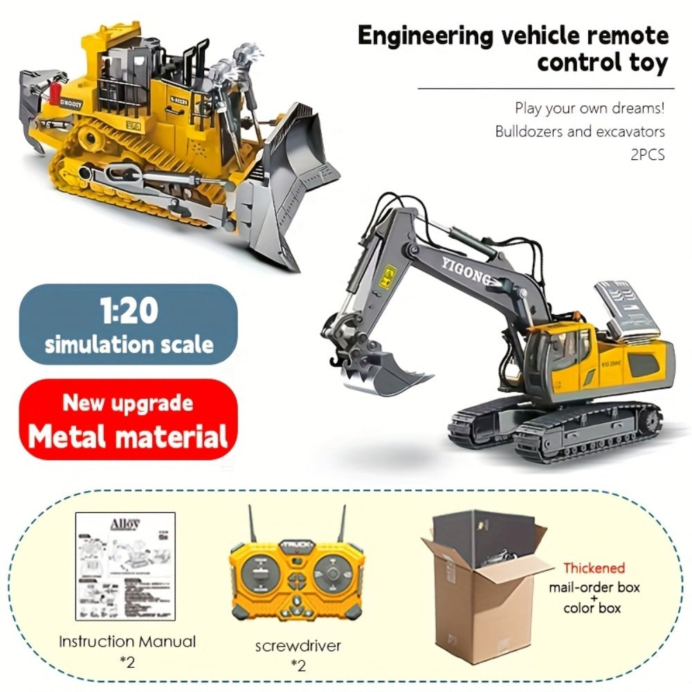 RC Excavator Toy Set for Kids – Remote Control Construction Vehicles with Metal Shovel, LED Lights & 1200mAh Battery, Boys Gift Ages 6+