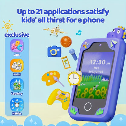 Fun Explorer Phone - 8GB HD Touchscreen Dual Camera Cell Phone With Dinosaur Design, Kids Toy Phone, Educational Travel Toy, Birthday Halloween Christmas Gift For Boys And Girls