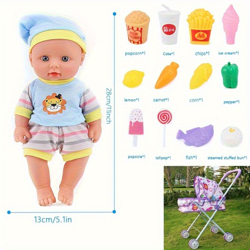 Baby Doll Set with Stroller 12 Realistic 11 Inch Baby Dolls + Doll Accessories – Pink or Purple Doll Car Included, Ultimate Nurturing Play Gift for Girls Kids Ages 3+ Holiday Birthday Christmas