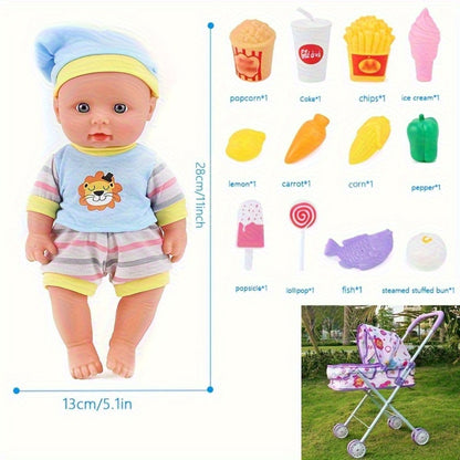 Baby Doll Set with Stroller 12 Realistic 11 Inch Baby Dolls + Doll Accessories – Pink or Purple Doll Car Included, Ultimate Nurturing Play Gift for Girls Kids Ages 3+ Holiday Birthday Christmas