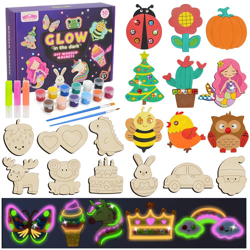 DIY Wooden Refrigerator Magnets Fridge Magnets Painting Kits, Craft Toys for Kids, 30pcs Wood Art Craft Set, DIY Crafts, Glow In The Dark, Arts & Crafts Supplies Painting Kit, Fun Party Favors for Girls Boys, Christmas Stocking Stuffers Present