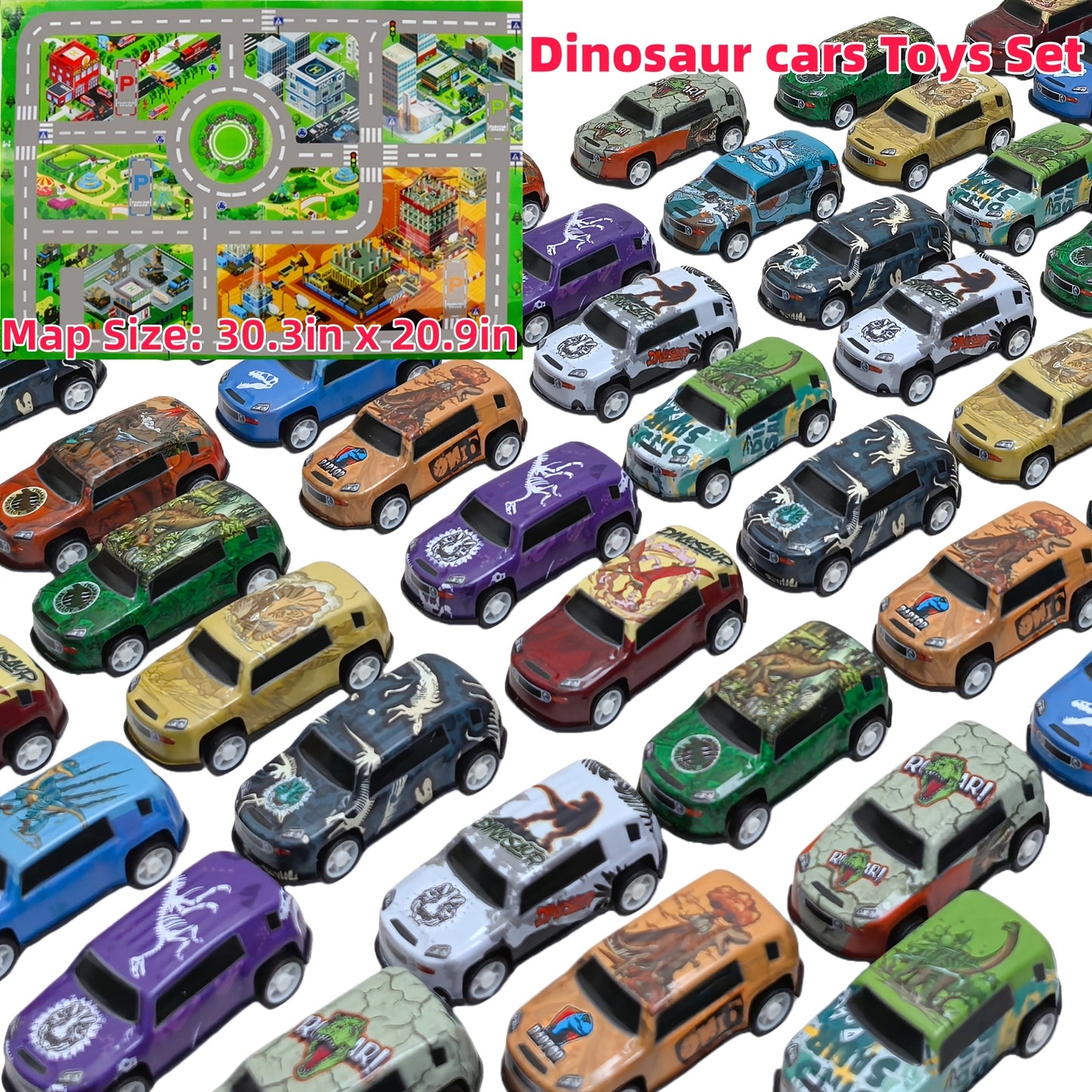 [Christmas New Year] 30pcs Dinosaur Toy Car Set with T Rex Spinosaurus Brachiosaurus Pterodactyl Figures Mini Pull Back Racing Cars Includes 1 City Traffic Map 30.3x20.9 Inches School Activity Prizes for Boys Girls Kids 3+ Random Styles Perfect Christmas