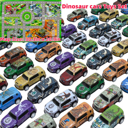 [Christmas New Year] 30pcs Dinosaur Toy Car Set with T Rex Spinosaurus Brachiosaurus Pterodactyl Figures Mini Pull Back Racing Cars Includes 1 City Traffic Map 30.3x20.9 Inches School Activity Prizes for Boys Girls Kids 3+ Random Styles Perfect Christmas