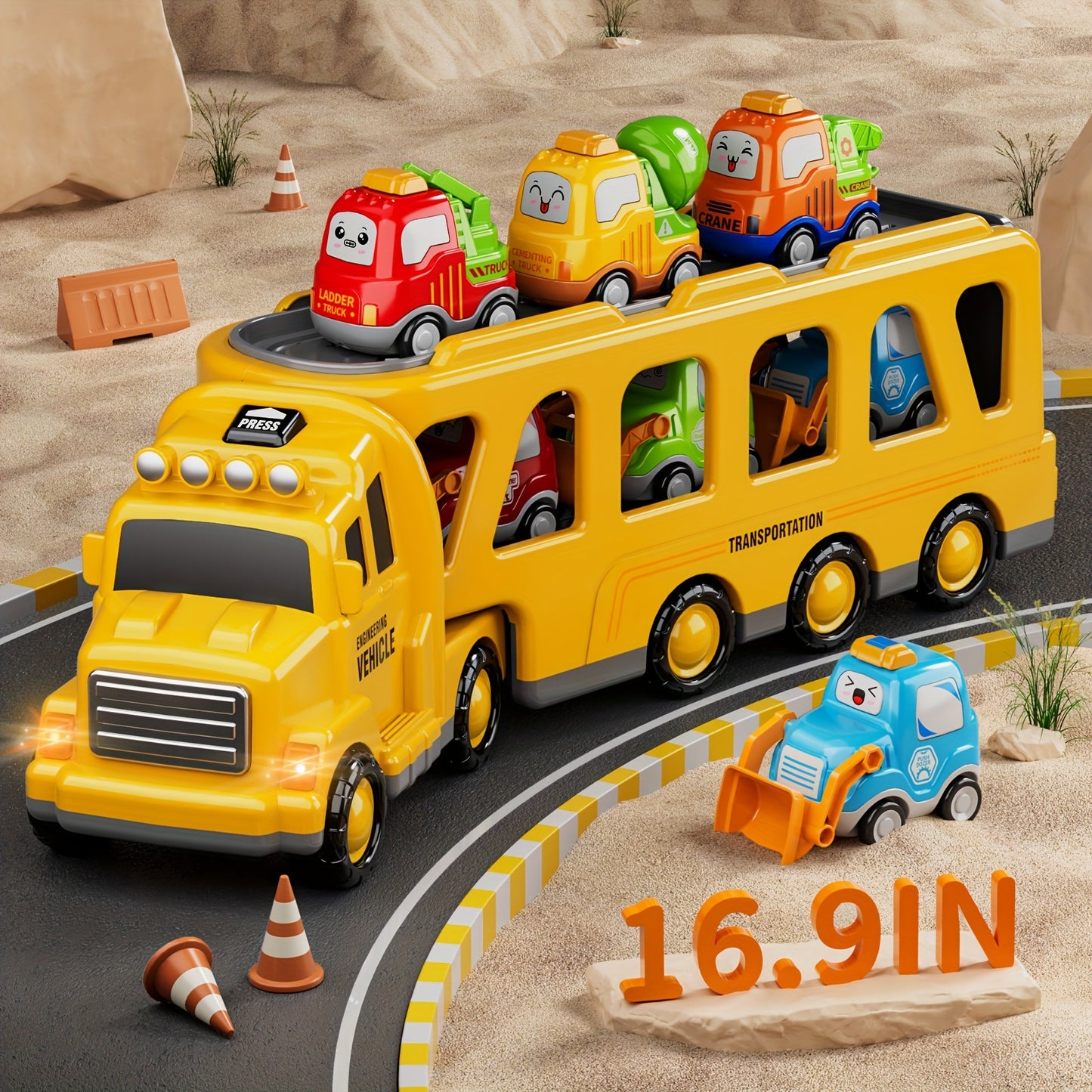 [Birthday Gift] Trucks Toys for Boys Kids, 16.9in Longer Transport Construction Truck with 6 Cars, Car Truck Toys with Lights & Sounds, Birthday Gift for Boys And Girls