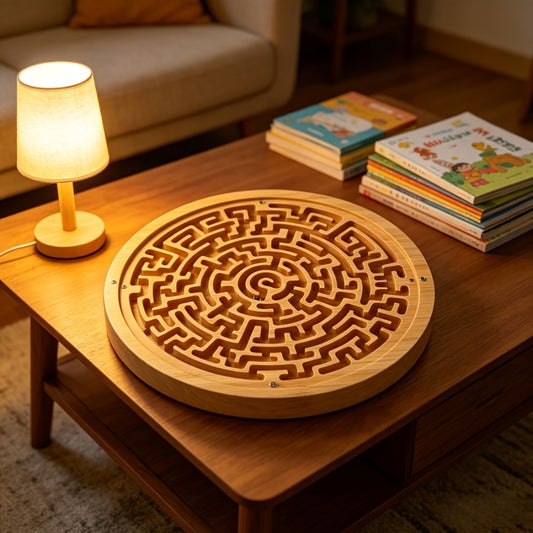 A Large Round Wooden Maze with PC Steel Ball, Balance Maze Board, Two Metal Ball Challenges And Maze Puzzles Is Used to Improve Concentration And Train Wooden Balance Board, Metal Ball Challenges And Puzzle Games, Which Is Suitable for Brain Training