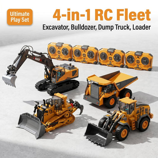 4pcs/3pcs/2pcs Set Remote Control Engineering Vehicle Set, 2.4G High-Tech 11-Channel Remote Control Excavator Dump Truck Bulldozer Alloy Plastic Engineering Vehicle Remote Control Construction Toy Car Set-Lingkun