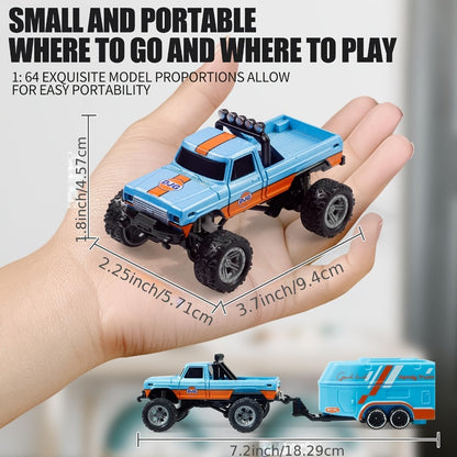 Mini RC Off-Road Truck with Trailer 1:64 Scale Die-Cast Remote Control Car – 2.4GHz Climbing Vehicle with Lights Rechargeable Adjustable Speed | Pocket-Sized RC Toy for Boys | Best Birthday Christmas Gift
