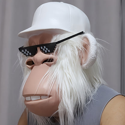 Gorilla Monkey Plush Full Head Mask with White Hair Glasses Hat – Funny Cartoon Animal Costume for Adults Halloween Parties Cosplay Role Play Prank Gift White Gorilla Chimpanzee