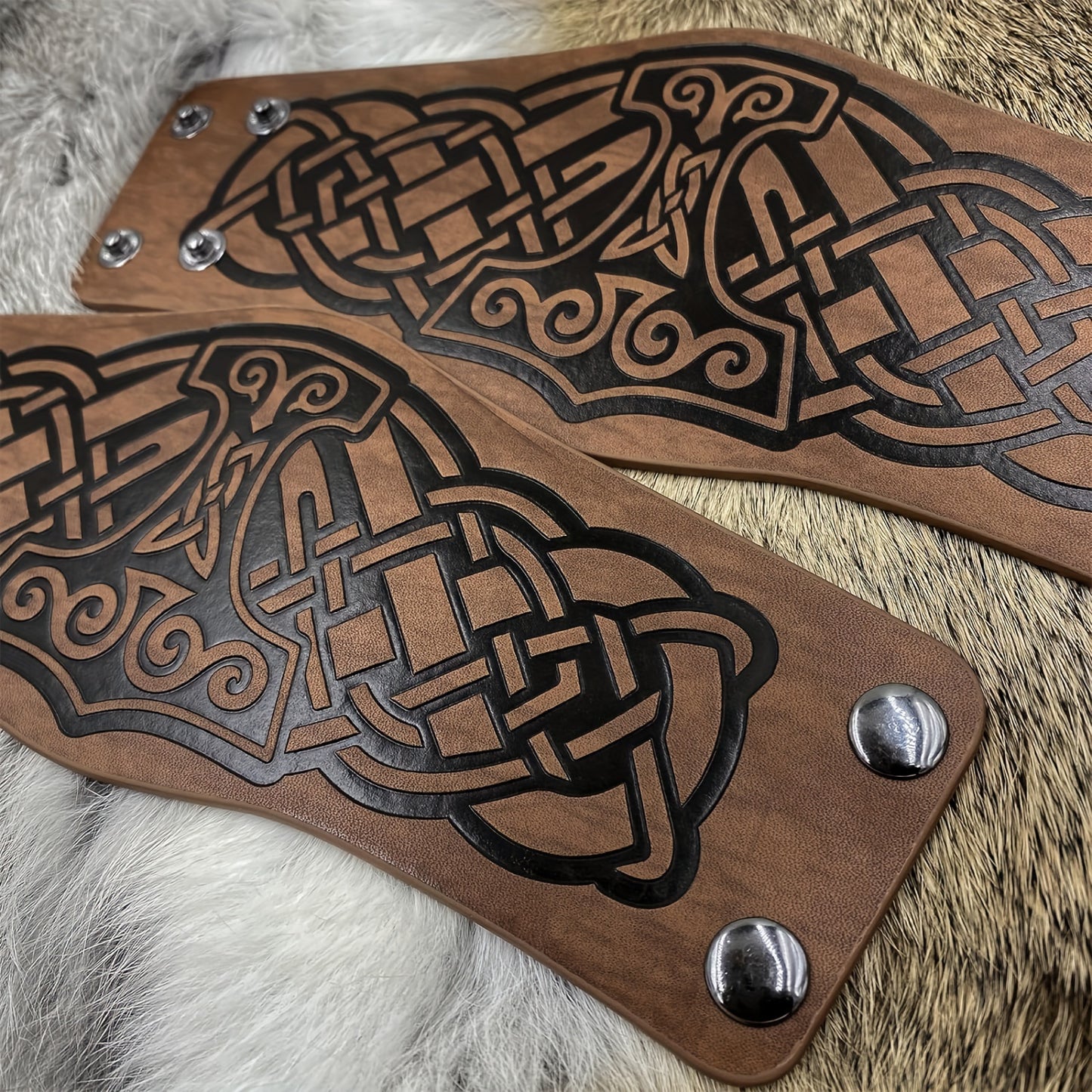 2pcs Viking Embossed Faux Leather Cuff Bracelets - Norwegian Vintage Wristbands with Nordic Mjolnir & Vegvisir Designs