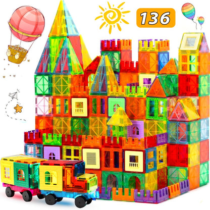 Magnetic Tiles for Kids 80/106/136pcs with 2 Cars – STEM Magnetic Building Blocks Construction Toy Set, Crystal Clear ABS, Sensory Learning Toy for Boys Girls Ages 3 4 5 6 7 8 9+, Birthday Christmas Gift
