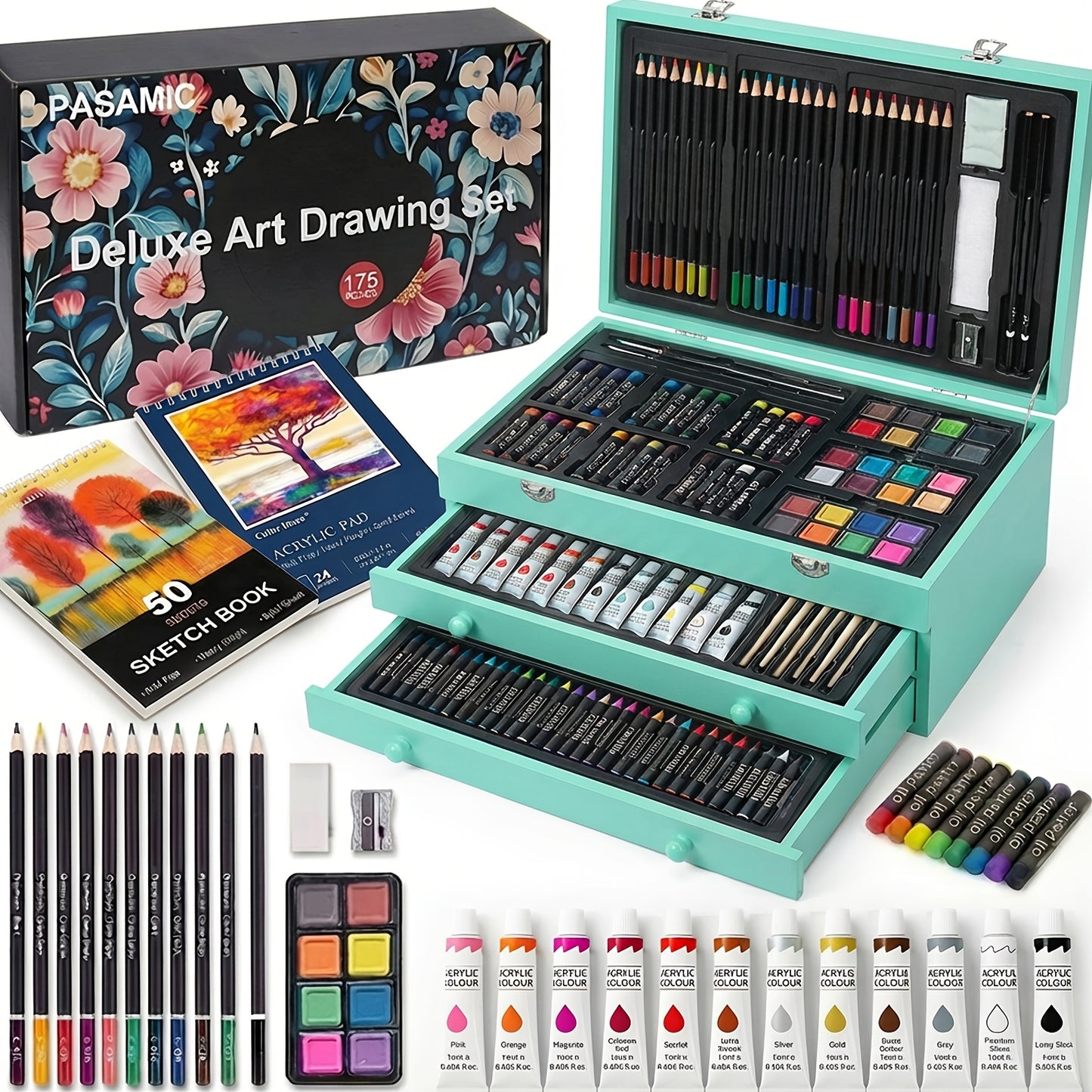 172 Piece Deluxe Art Set in Wooden Case with 2 Drawing Pads Crayons Acrylic Paints Colored Pencils Professional Art Kit Gift Box for Artists Beginners Ages 8+ Birthday Christmas