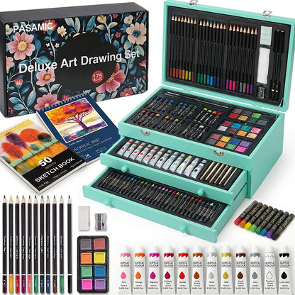 172 Piece Deluxe Art Set in Wooden Case with 2 Drawing Pads Crayons Acrylic Paints Colored Pencils Professional Art Kit Gift Box for Artists Beginners Ages 8+ Birthday Christmas