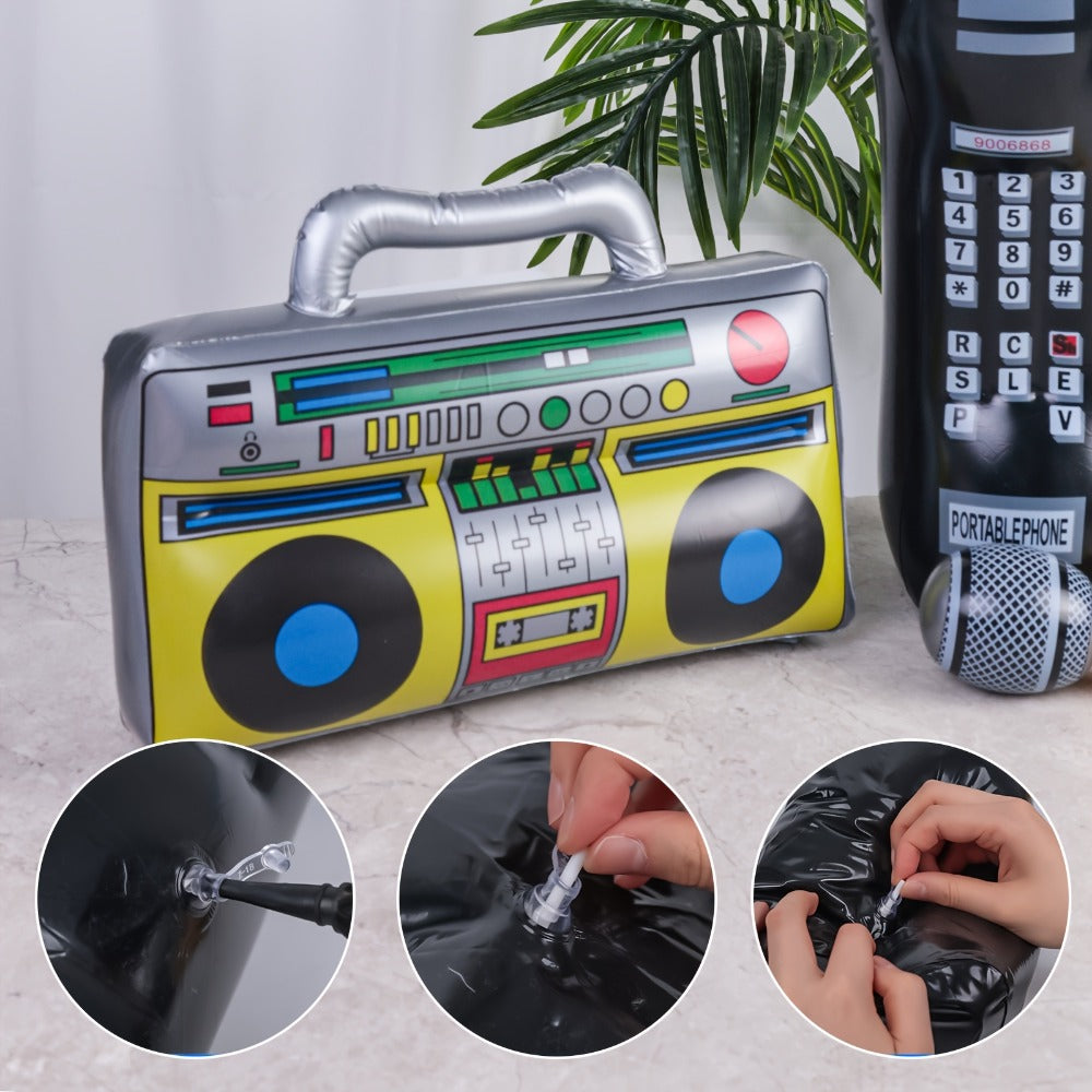 Inflatable Party Props 3 Pcs – Blow Up Mobile Phone, Boombox & Microphone for 80s Hip Hop Theme Birthday, Back to School, Graduation & Retro Party Decorations & Supplies